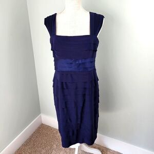 JONES NY WOMEN'S LAYERED TIERED RUFFLE SHEATH  NAVY BLUE DRESS SIZE 10